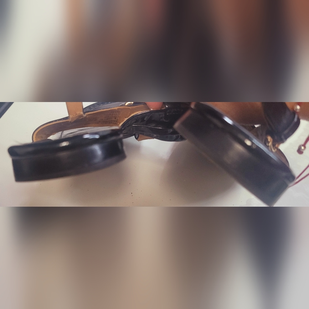 Coach Black Patent Leather T-Strap Sandals with Gold Plaque - Picture 8 of 10